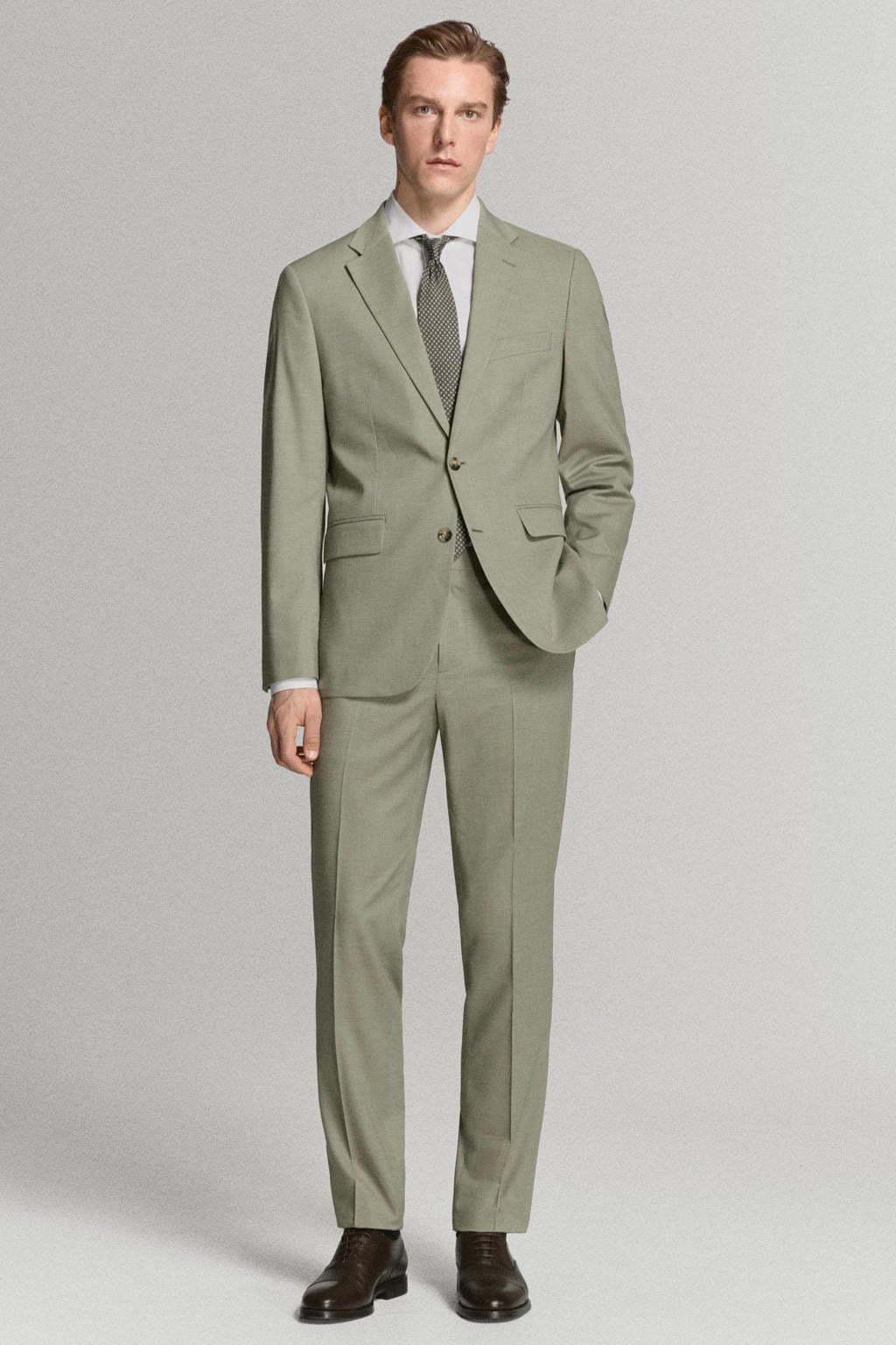 Groene heren Mango Man colbert van polyester met effen, reverskraag en knoopsluiting