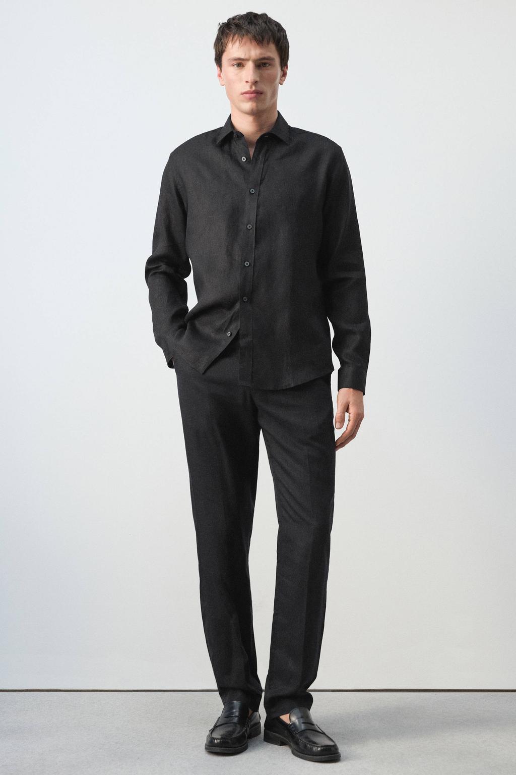 Zwarte heren Mango Man regular casual overhemd van linnen met effen, lange mouwen, klassieke kraag en knoopsluiting