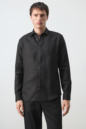 regular casual overhemd met linnen zwart