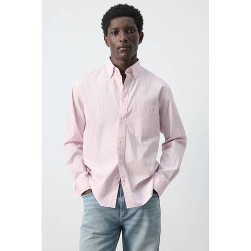 Mango Man comfort gestreepte casual overhemd roze afbeelding