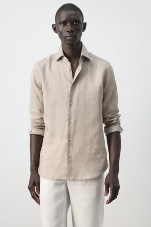 slim casual overhemd met linnen beige