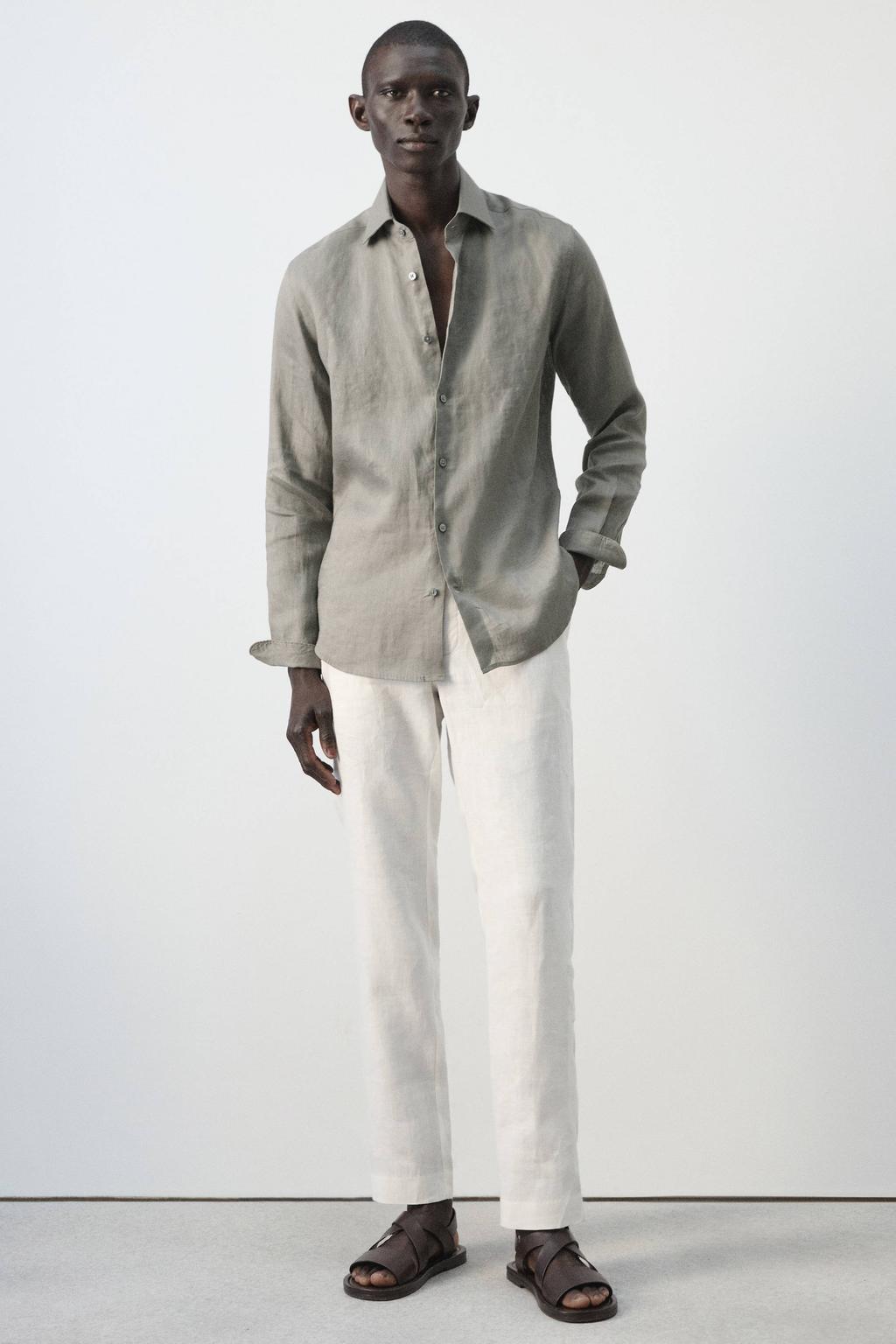 Taupe heren Mango Man slim casual overhemd met effen, lange mouwen en klassieke kraag
