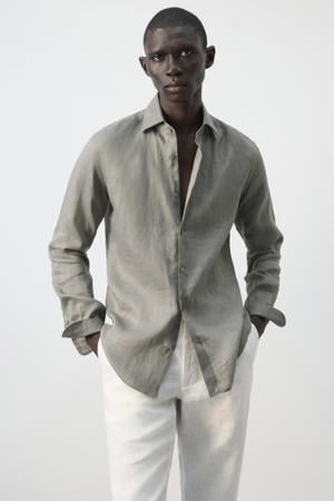 slim casual overhemd met linnen taupe