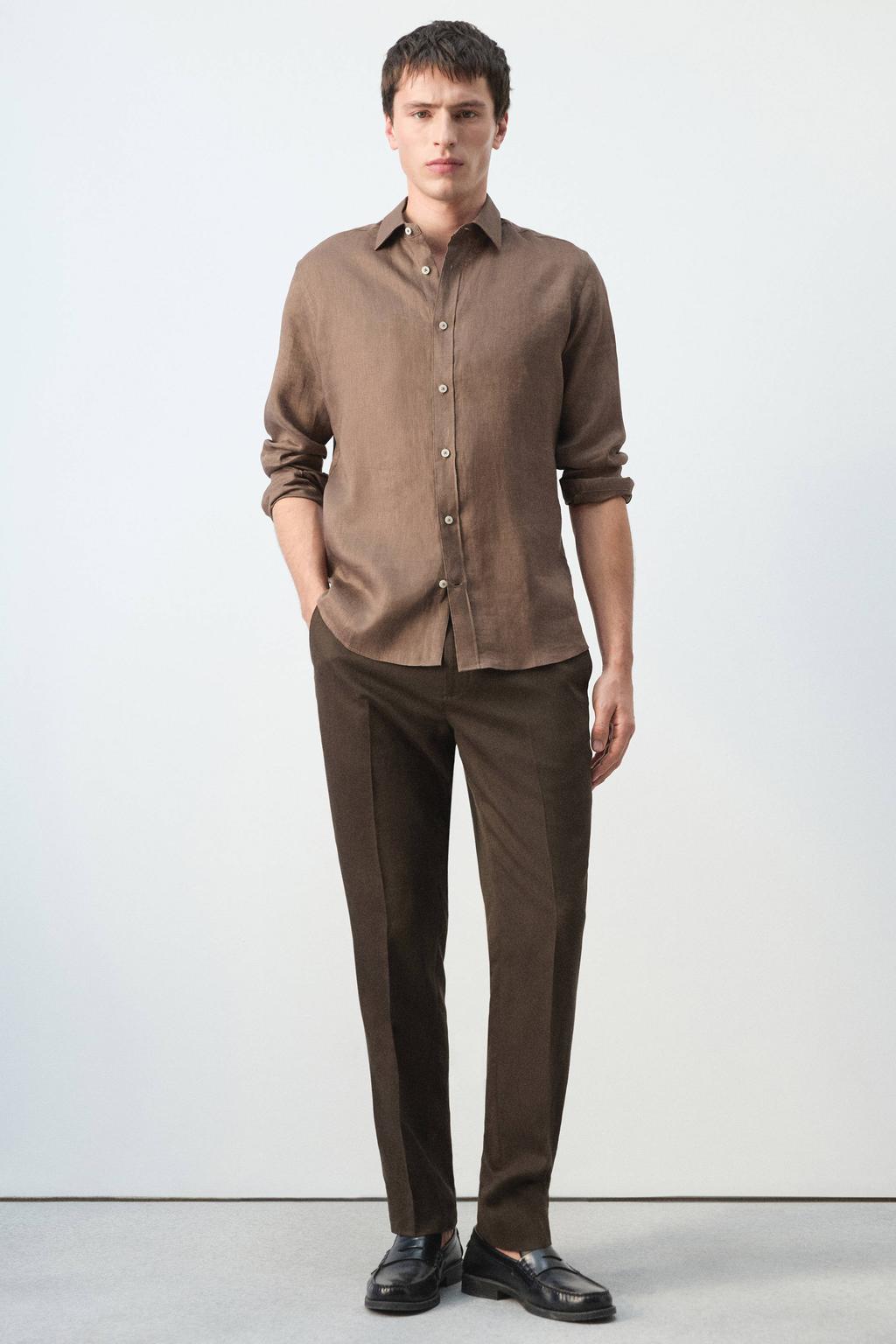 Bruine heren Mango Man regular casual overhemd van linnen met effen, lange mouwen, klassieke kraag en knoopsluiting