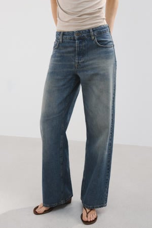 low waist straight leg jeans medium blue denim