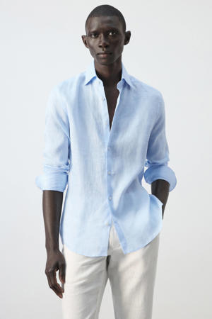 slim casual overhemd met linnen lichtblauw