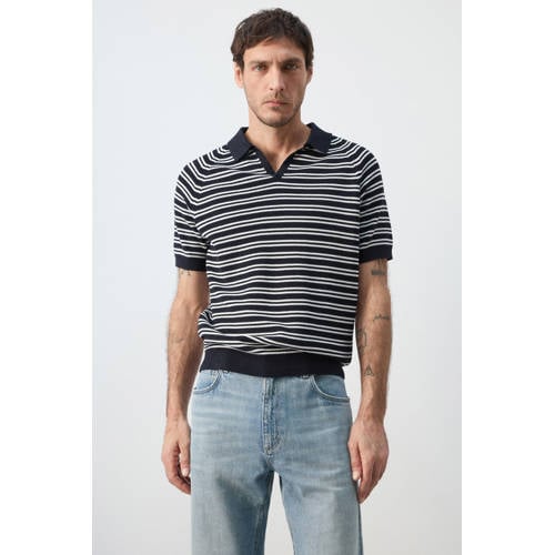 Mango Man regular gestreepte polo donkerblauw afbeelding