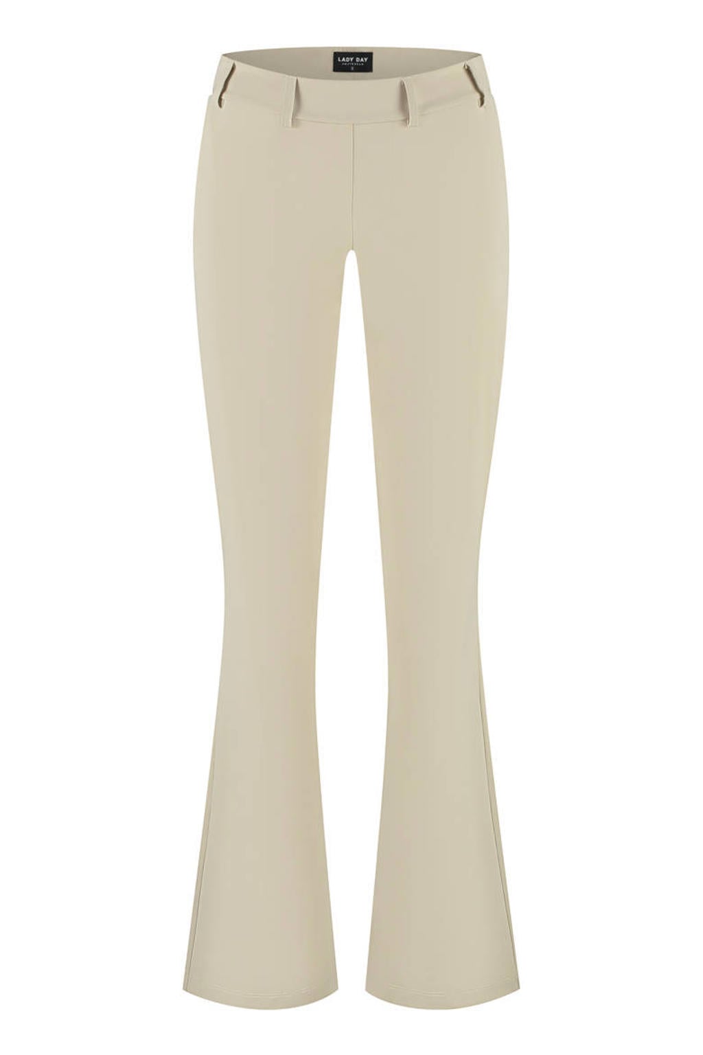 Beige dames Lady Day flared broek van polyamide met regular waist, rits- en knoopsluiting en effen
