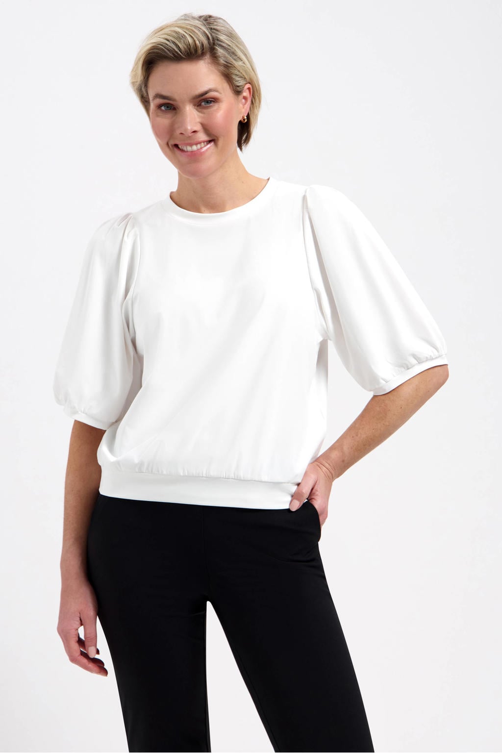 Witte dames Lady Day top van polyamide met effen, korte mouwen en ronde hals