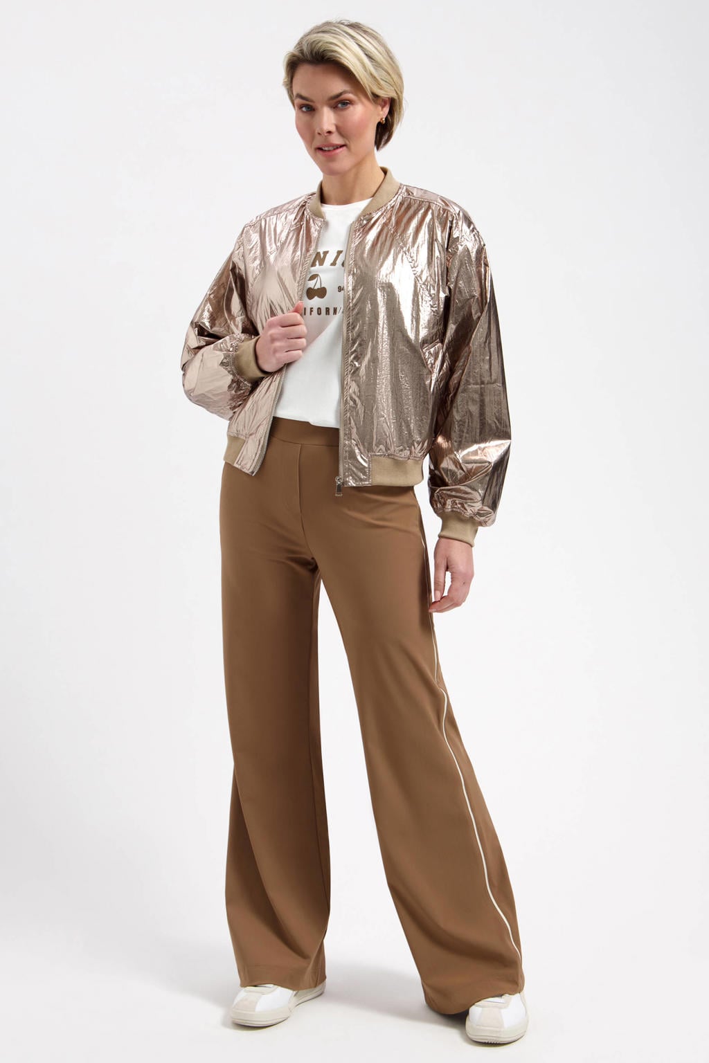 Gouden dames Lady Day jasje van nylon met effen, lange mouwen en ronde hals