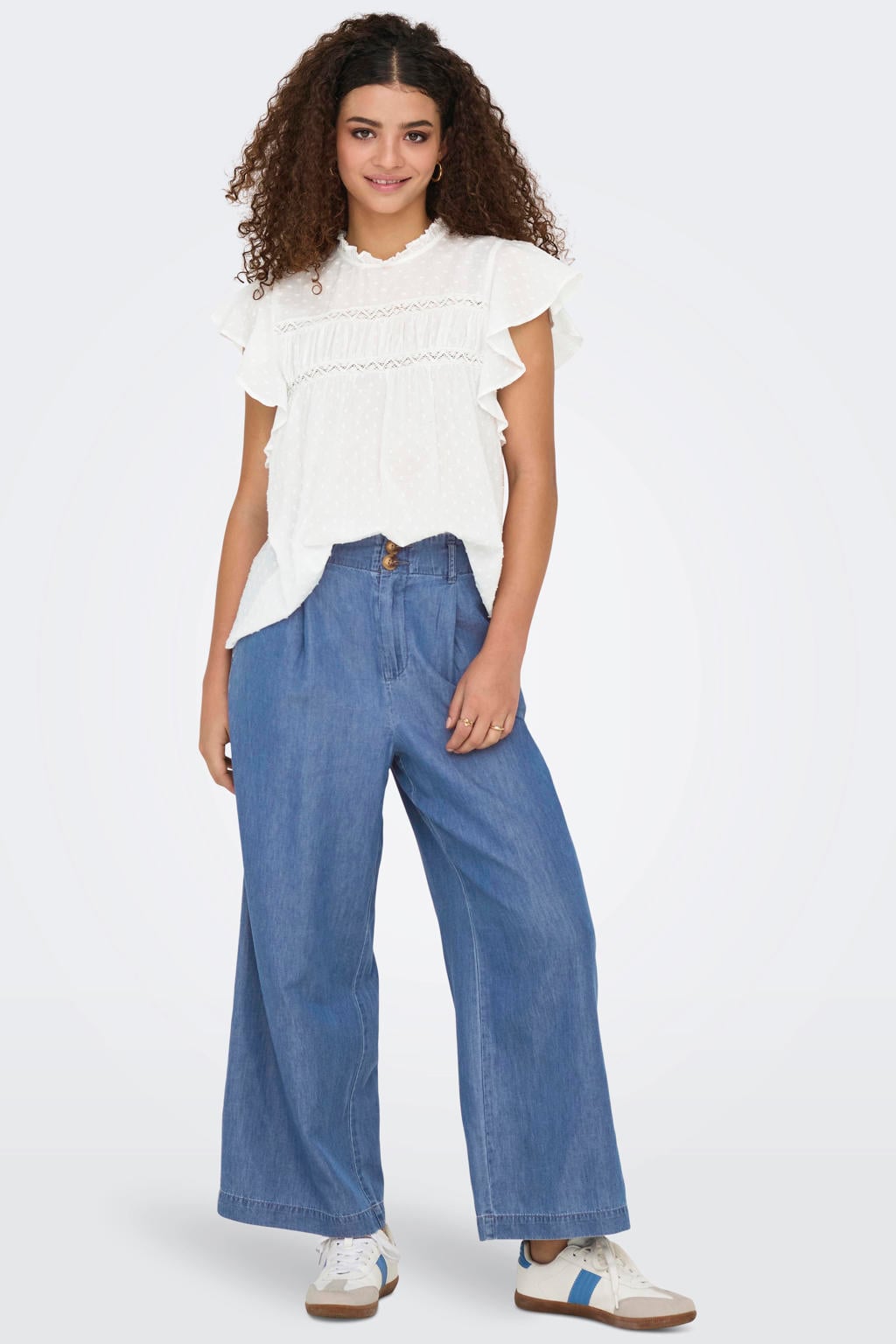 Witte dames ONLY Top van katoen met effen, korte mouwen, ronde hals en geweven detail