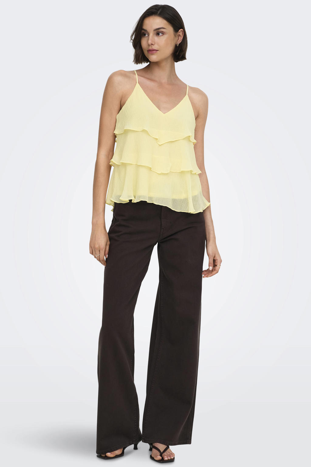 Gele dames ONLY top van polyester met effen, V-hals en ruches