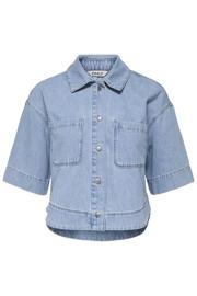 thumbnail: Light blue denim dames ONLY blouse van denim met effen, half lange mouwen, klassieke kraag en knoopsluiting
