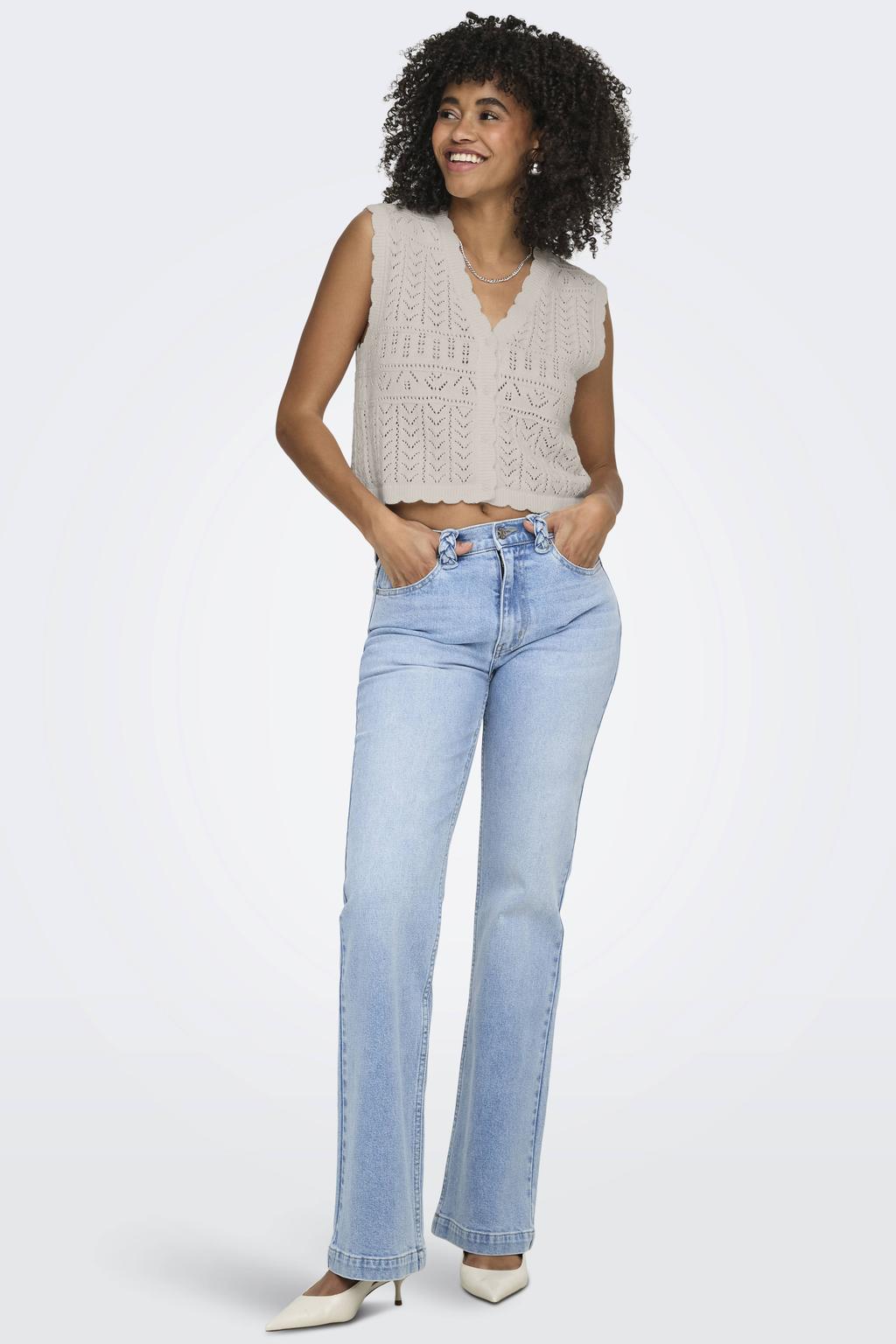Beige dames ONLY top gebreid met effen, V-hals en crochet