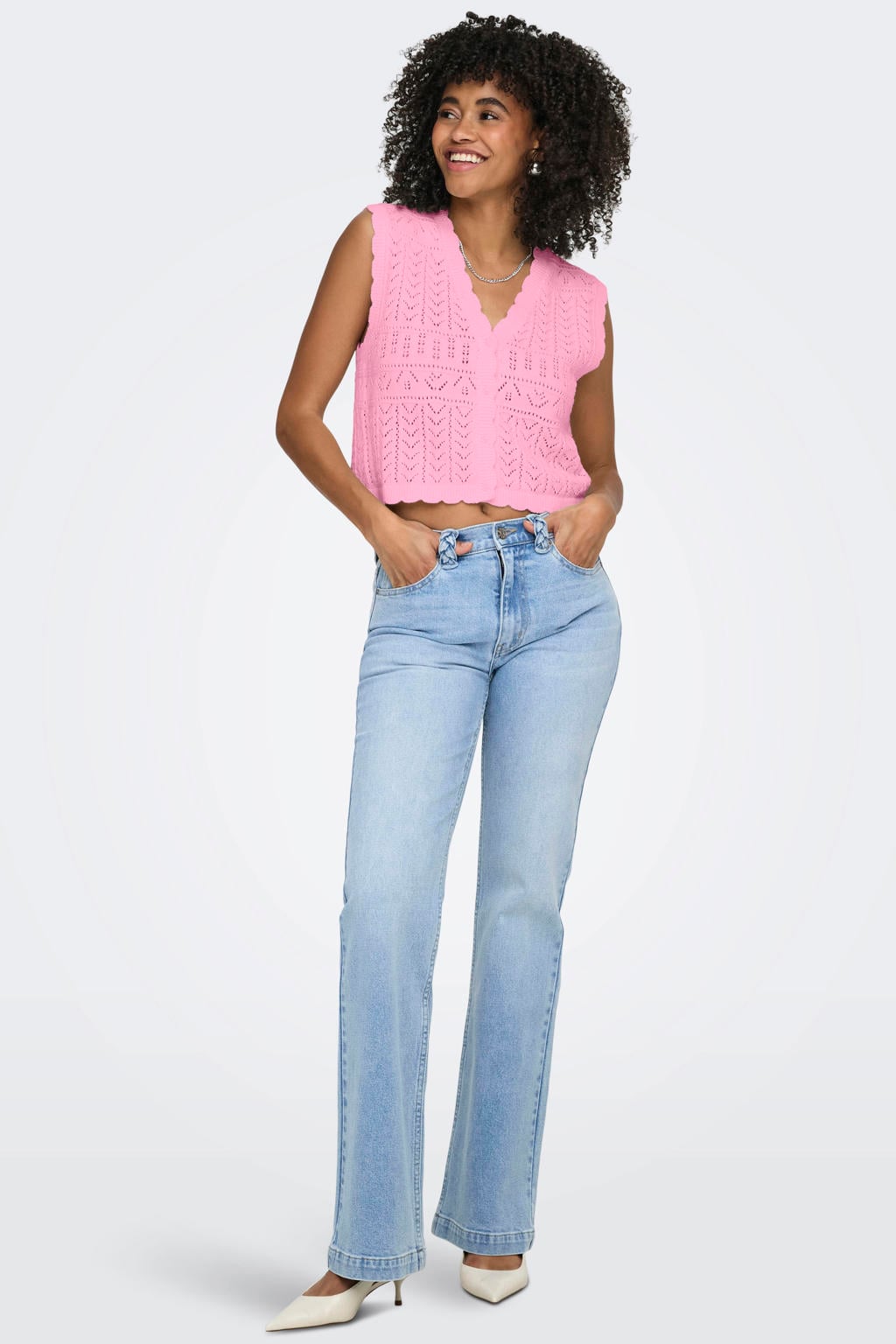 Roze dames ONLY top gebreid met effen, V-hals en crochet