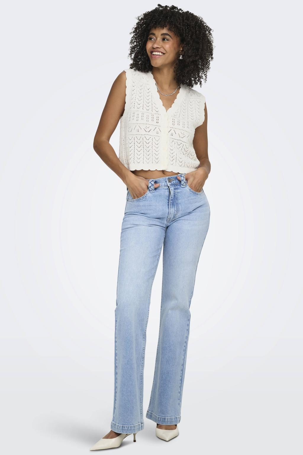 Ecru dames ONLY top gebreid met effen, V-hals en crochet