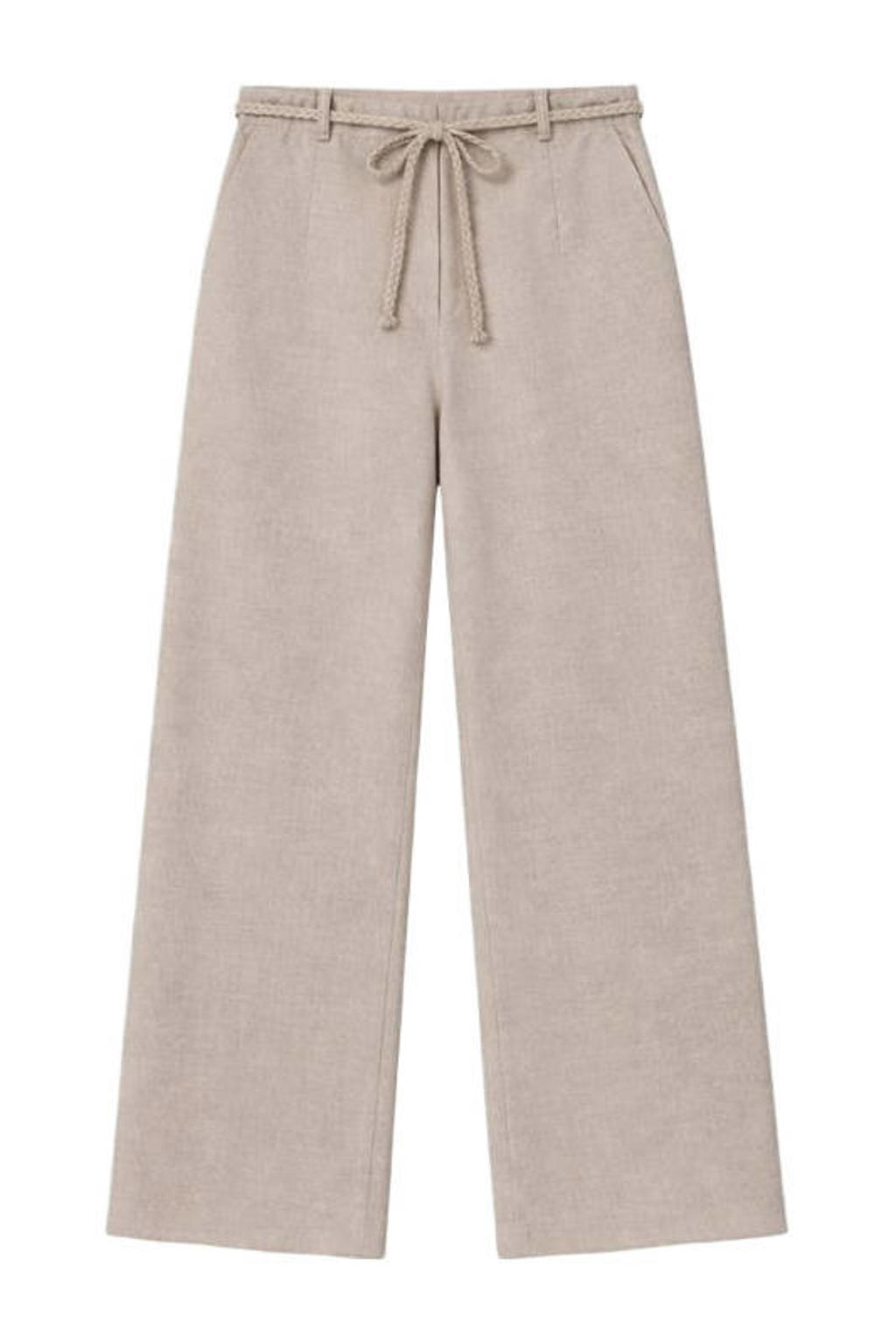 Beige dames Elvira Collections straight high waist broek van polyester met elastische tailleband met koord en effen