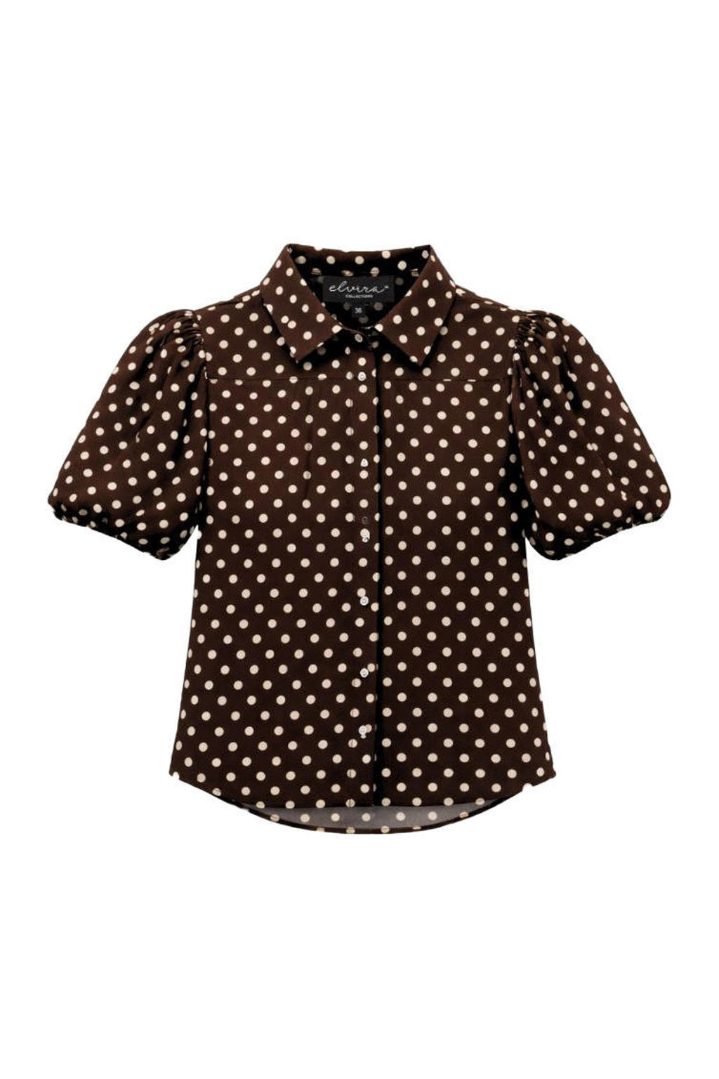 Bruine dames Elvira Collections blouse van polyester met stippenprint, korte mouwen, klassieke kraag en knoopsluiting