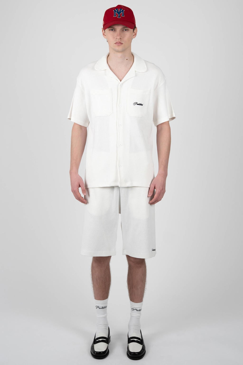 Witte heren Prohibited loose casual overhemd van katoen met effen, korte mouwen, reverskraag, knoopsluiting en textuur