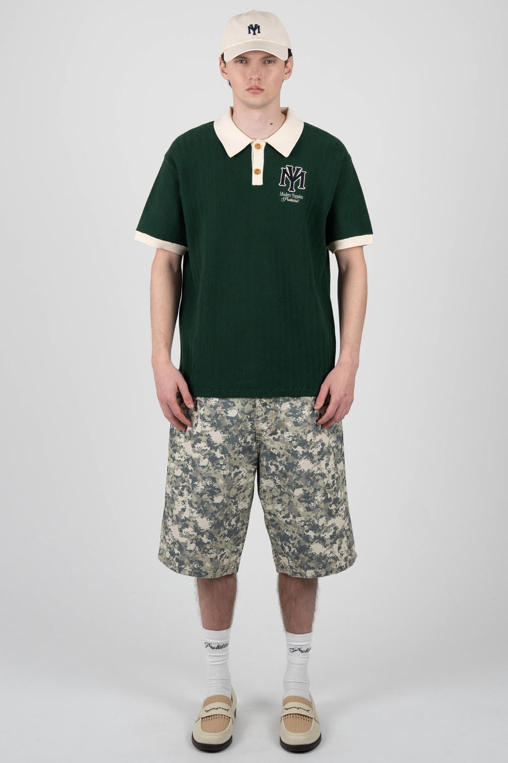 Donkergroene heren Prohibited oversized polo rib gebreid van katoen met effen, korte mouwen, knoopsluiting en contrast bies