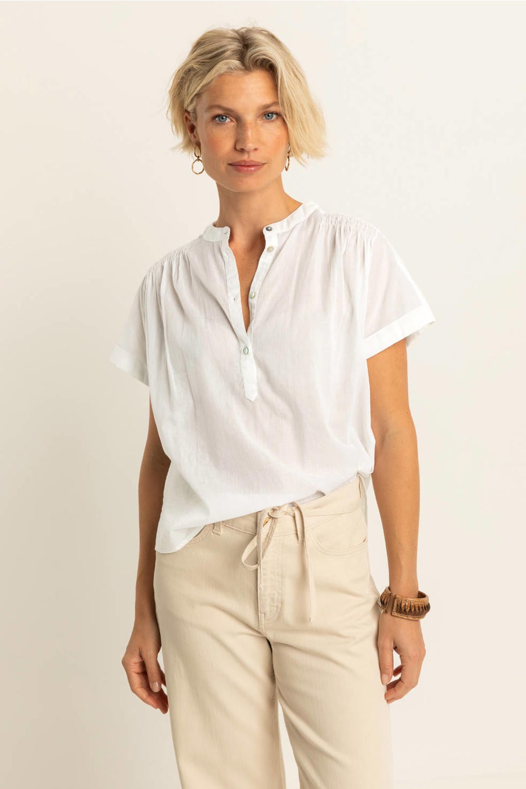 Witte dames Expresso blouse van katoen met effen, driekwart mouwen, klassieke kraag en knoopsluiting