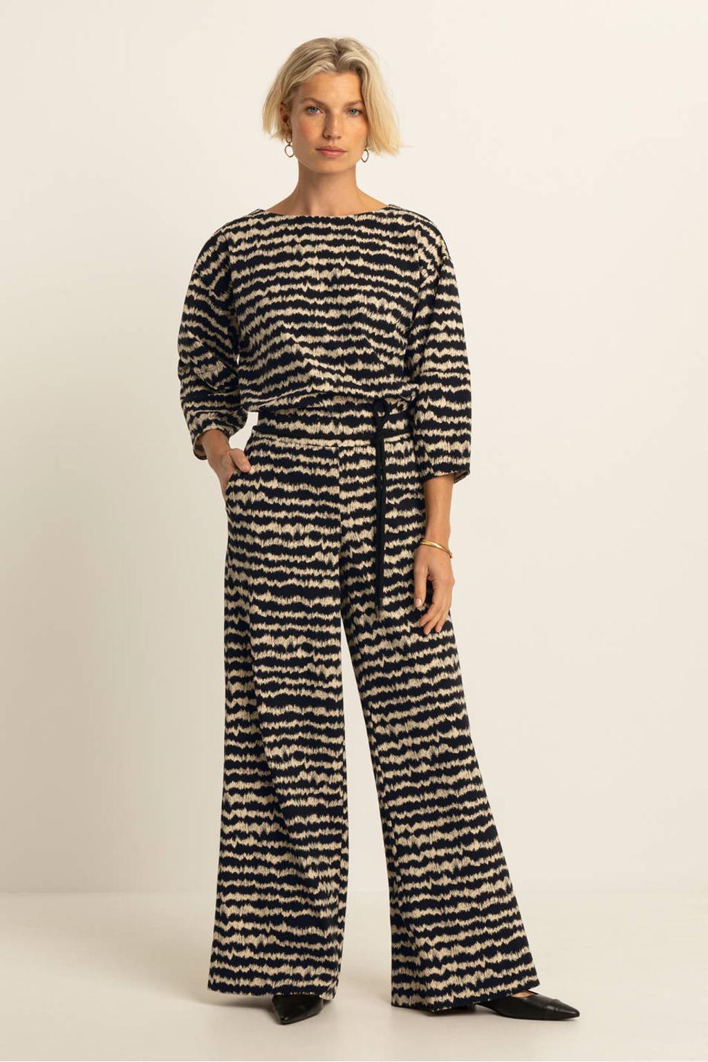 Zwart en ecru dames Expresso wide leg broek travelstof met elastische tailleband met koord