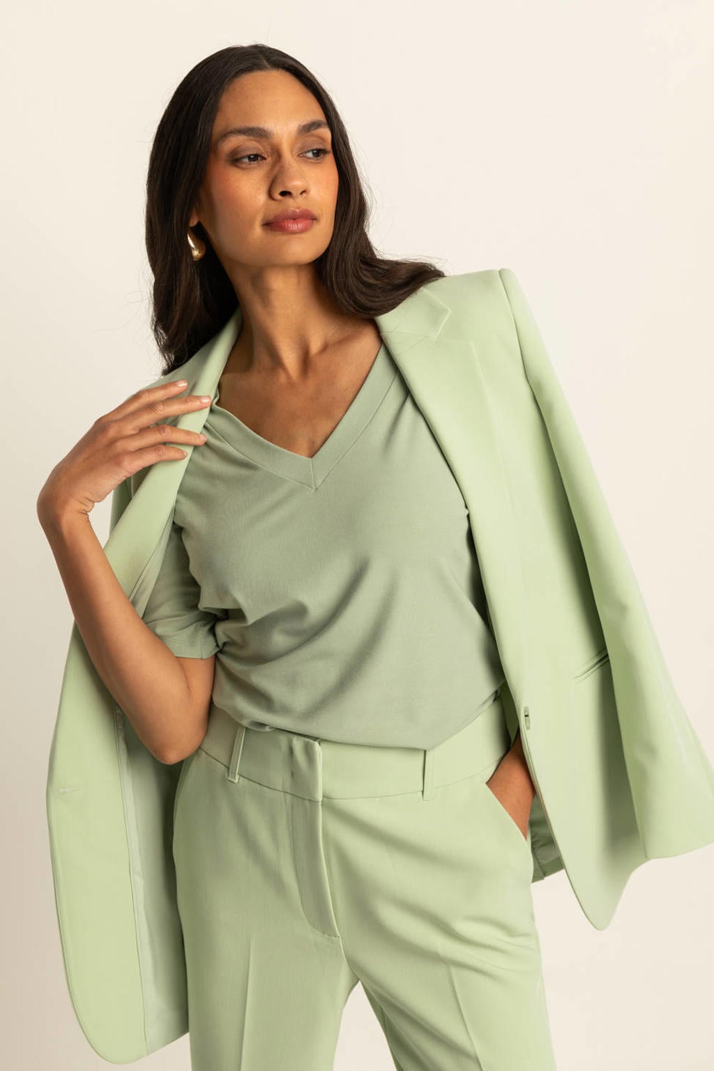 Lichtgroene dames Expresso blazer van polyester met effen, lange mouwen, reverskraag en knoopsluiting