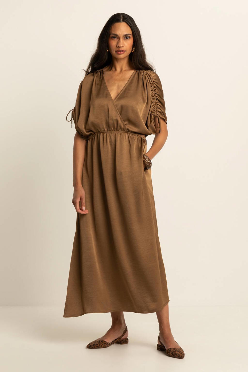 Bruine dames Expresso midi jurk van polyester met effen, korte mouwen en overslagkraag