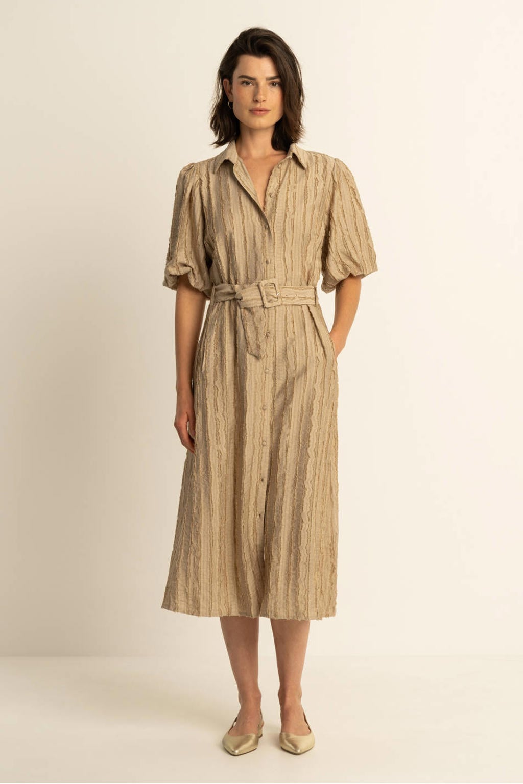 Beige dames Expresso blousejurk van polyester met effen, half lange mouwen, klassieke kraag, knoopsluiting en ceintuur