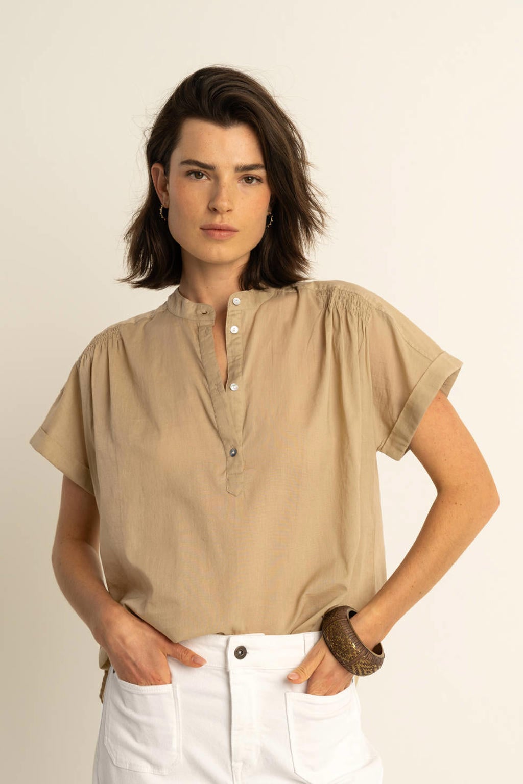 Beige dames Expresso blouse van katoen met effen, driekwart mouwen, klassieke kraag en knoopsluiting