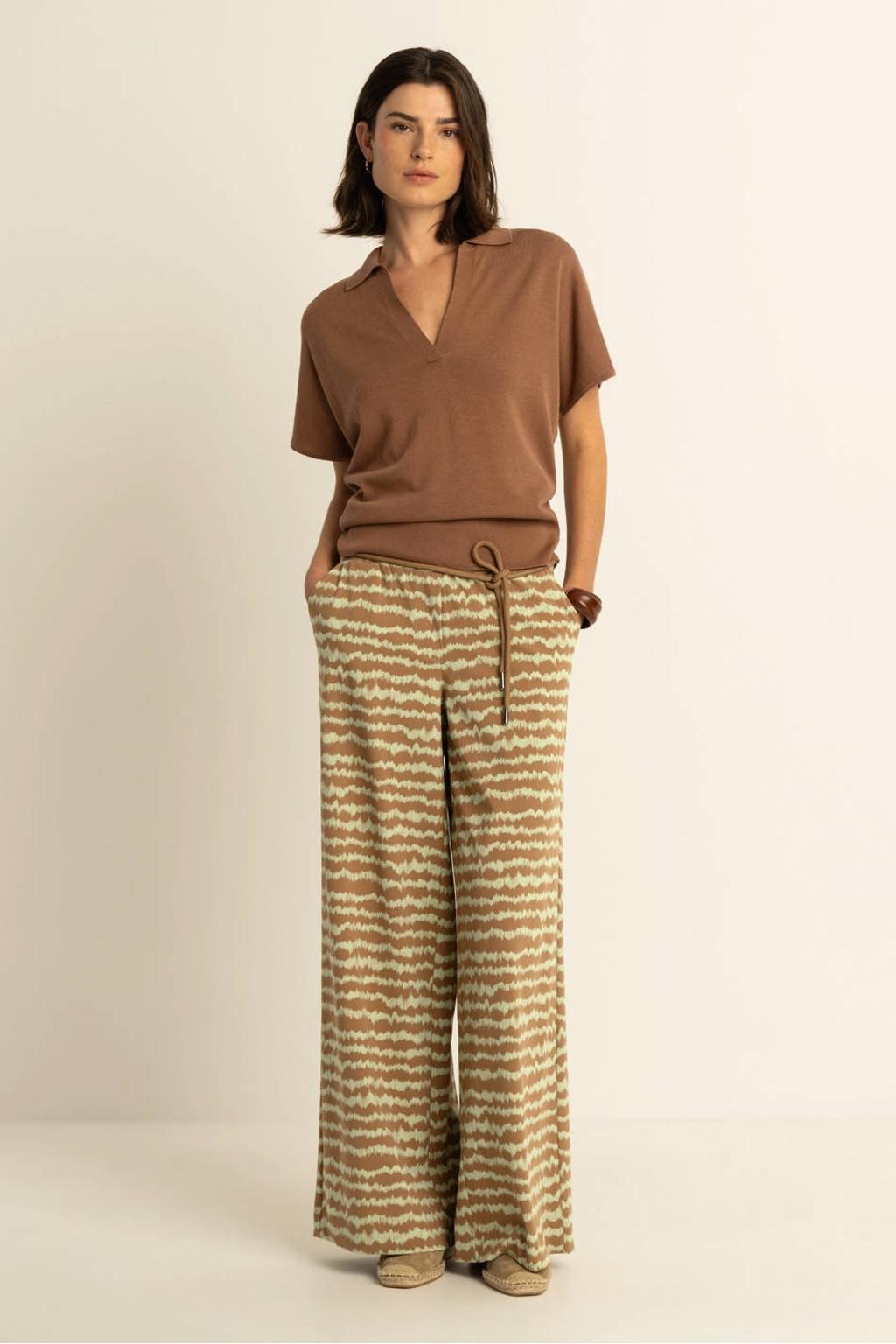 Bruin en groene dames Expresso wide leg broek travelstof met elastische tailleband met koord
