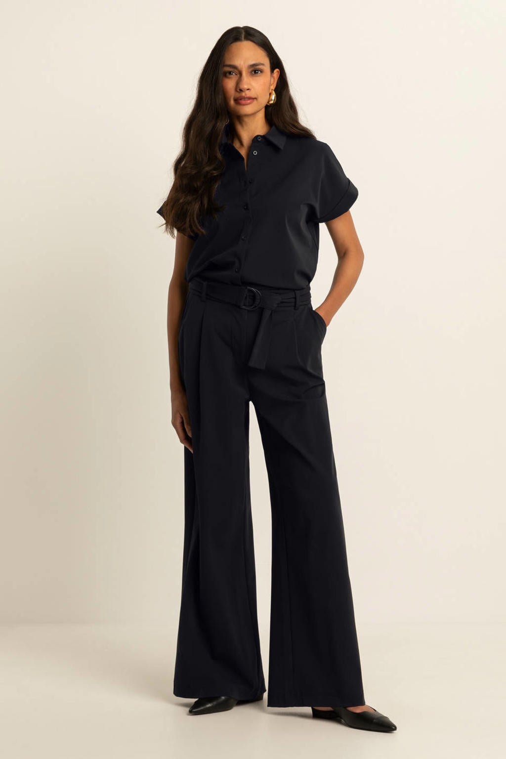 Zwarte dames Expresso travelstof wide leg high waist palazzo broek met rits, haak- en knoopsluiting en effen