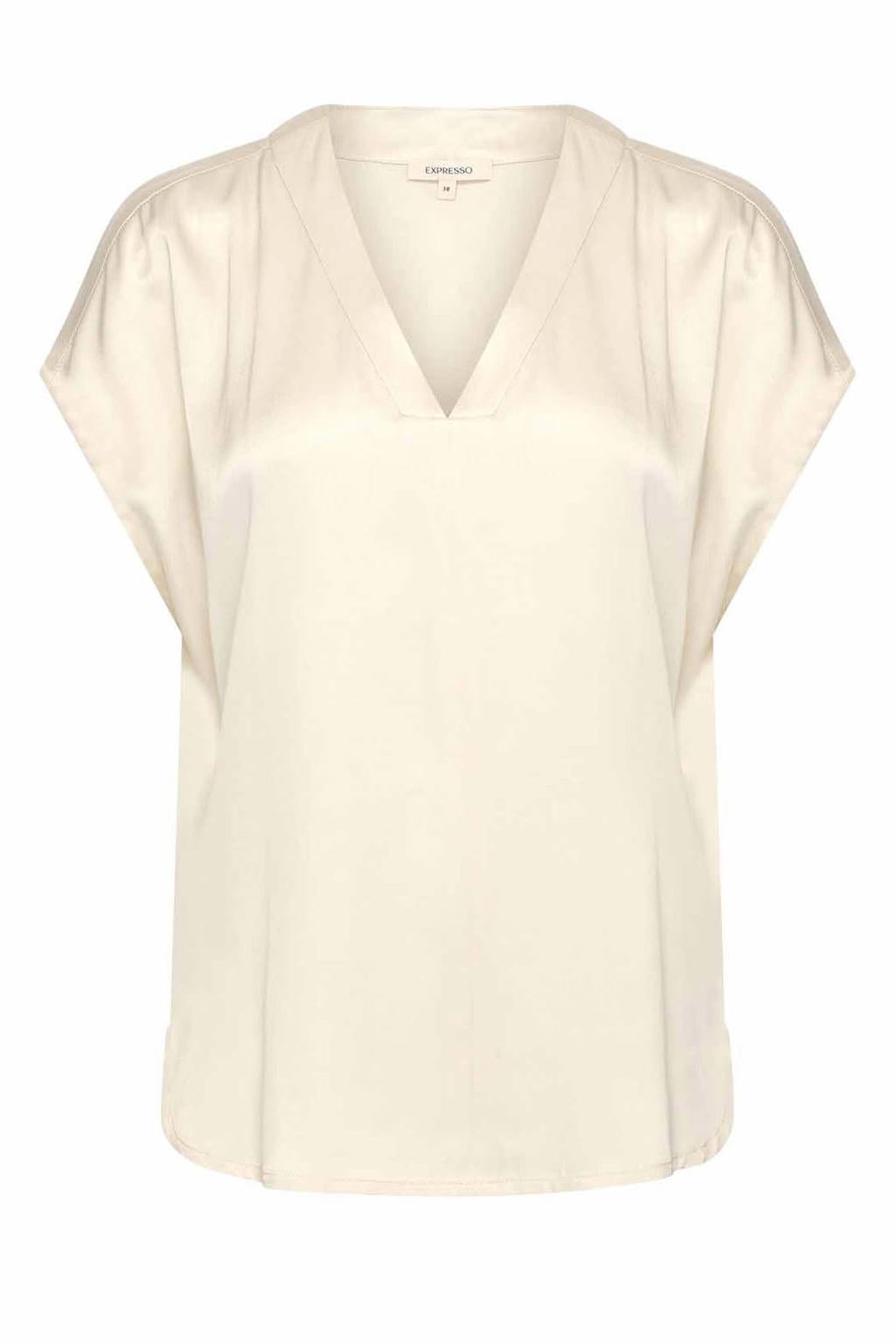 Crème dames Expresso satijnen top van viscose met effen, korte mouwen en V-hals
