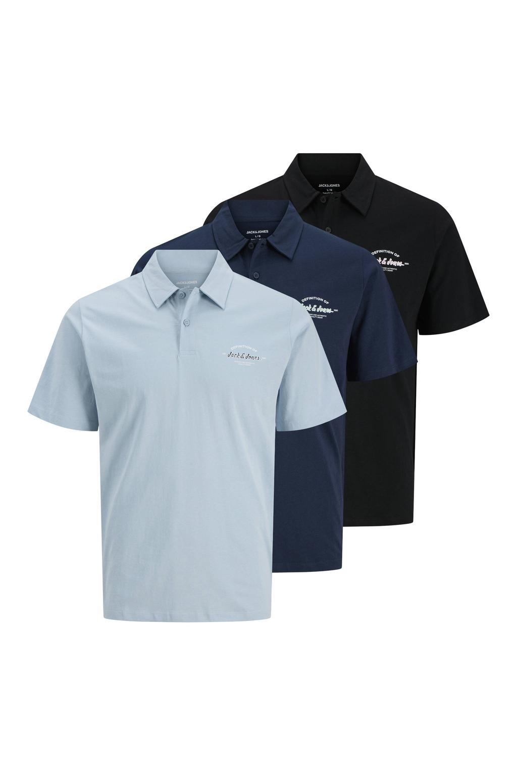 Blauwe heren JACK & JONES regular polo set van 3 van katoen met logo dessin, korte mouwen en knoopsluiting