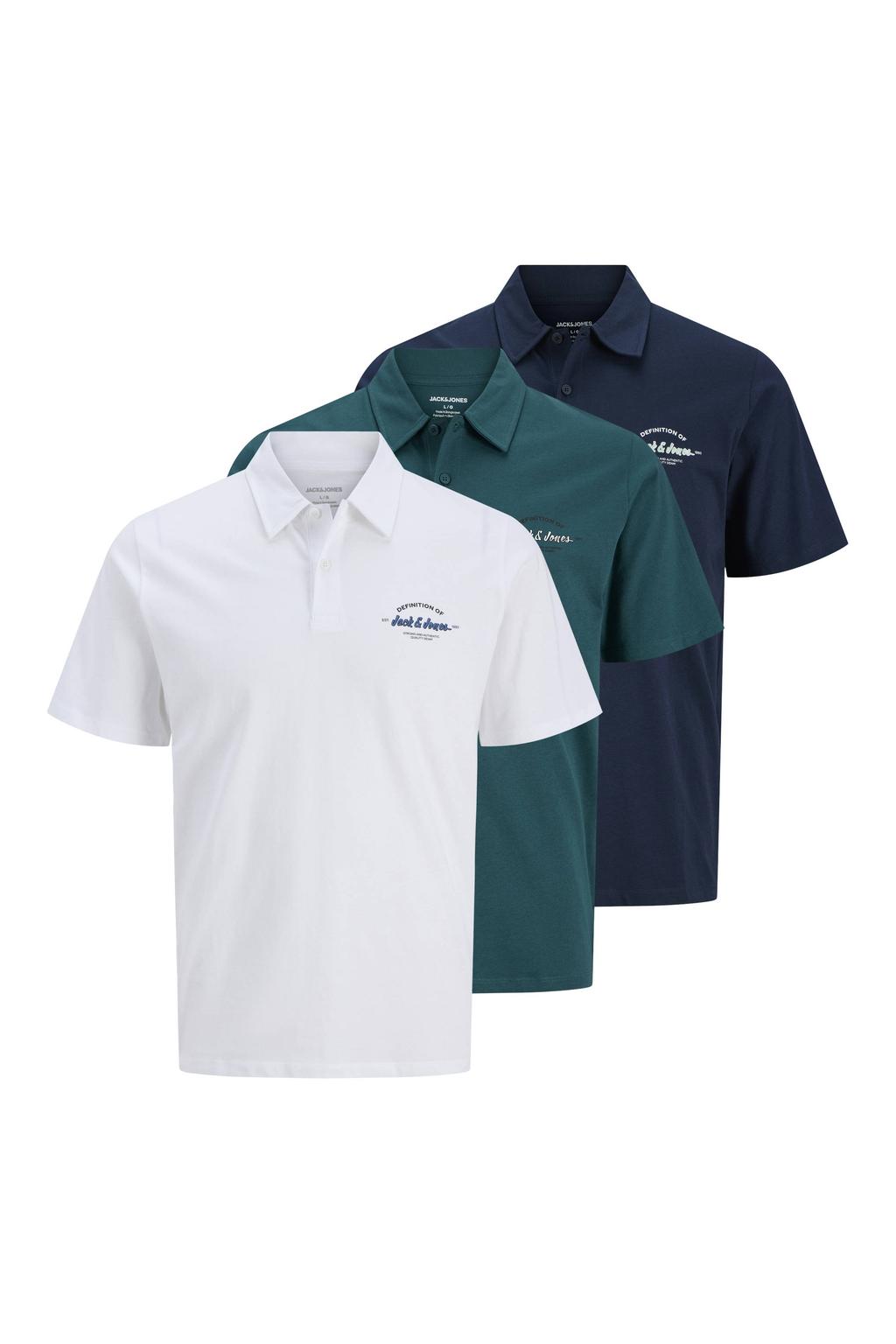 Multikleurige heren JACK & JONES regular polo set van 3 van katoen met logo dessin, korte mouwen en knoopsluiting