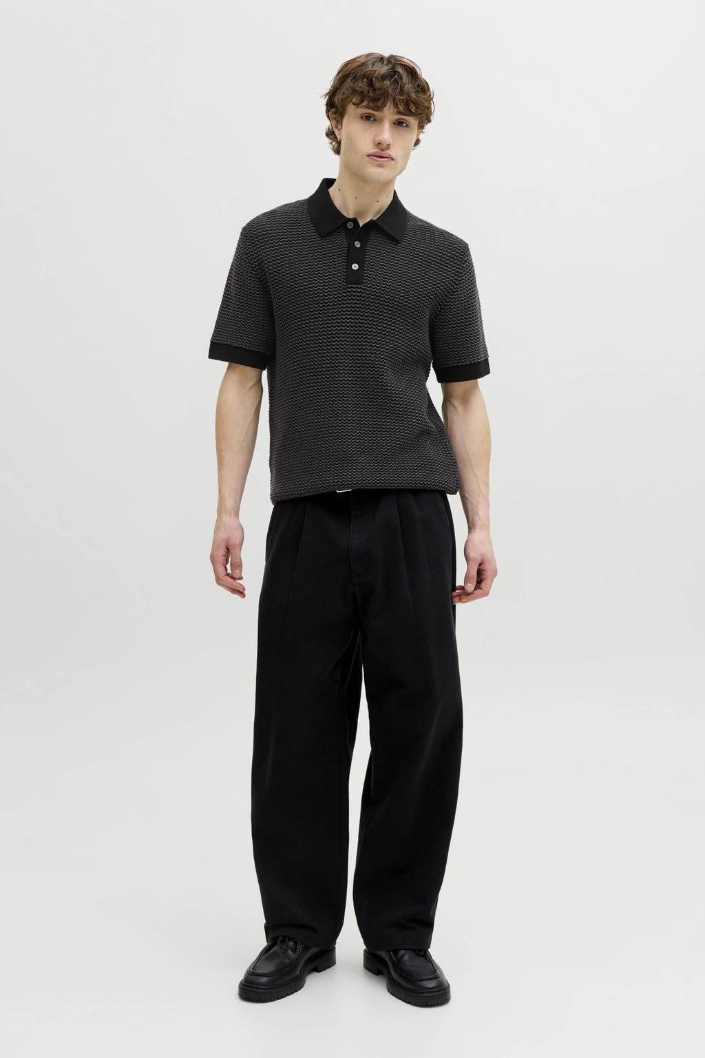 Zwarte heren JACK & JONES PREMIUM regular polo gebreid van katoen met korte mouwen en knoopsluiting