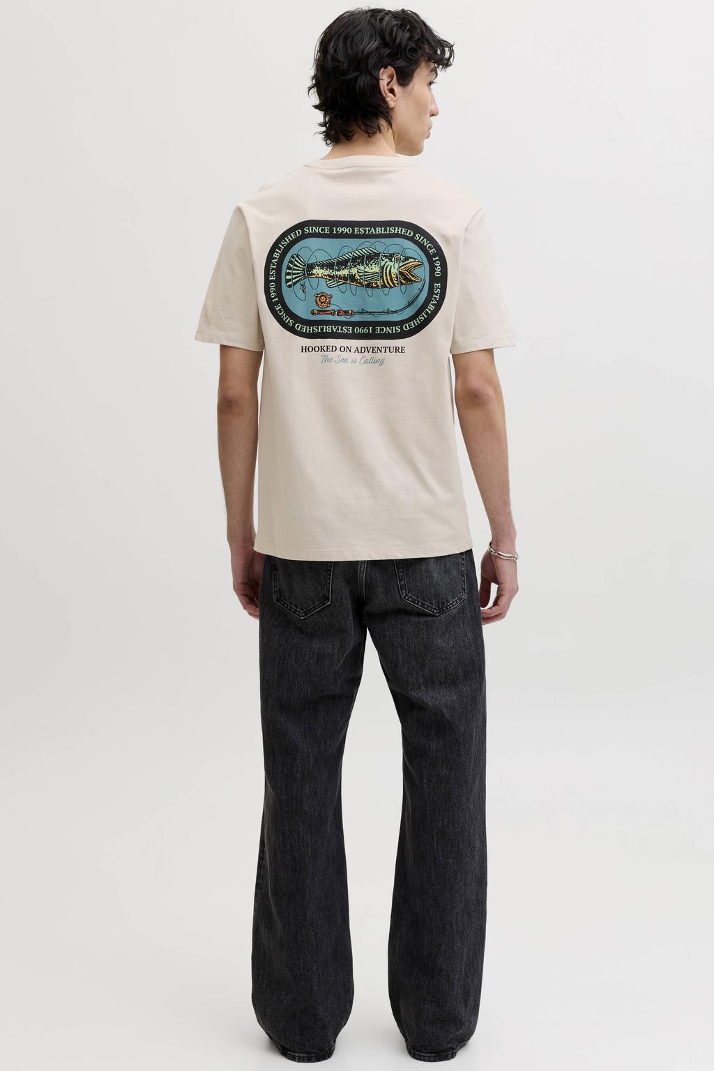 Beige heren JACK & JONES ORIGINALS relaxed T-shirt van katoen met backprint, korte mouwen en ronde hals
