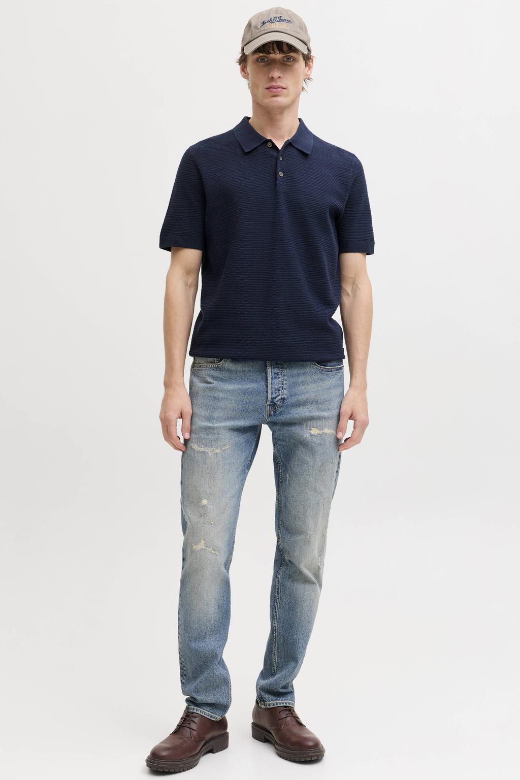 JACK & JONES PREMIUM regular polo donkerblauw gebreid