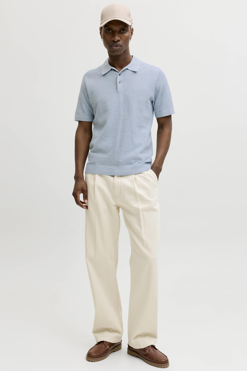 Lichtblauwe heren JACK & JONES PREMIUM regular polo gebreid van katoen met effen, korte mouwen en knoopsluiting