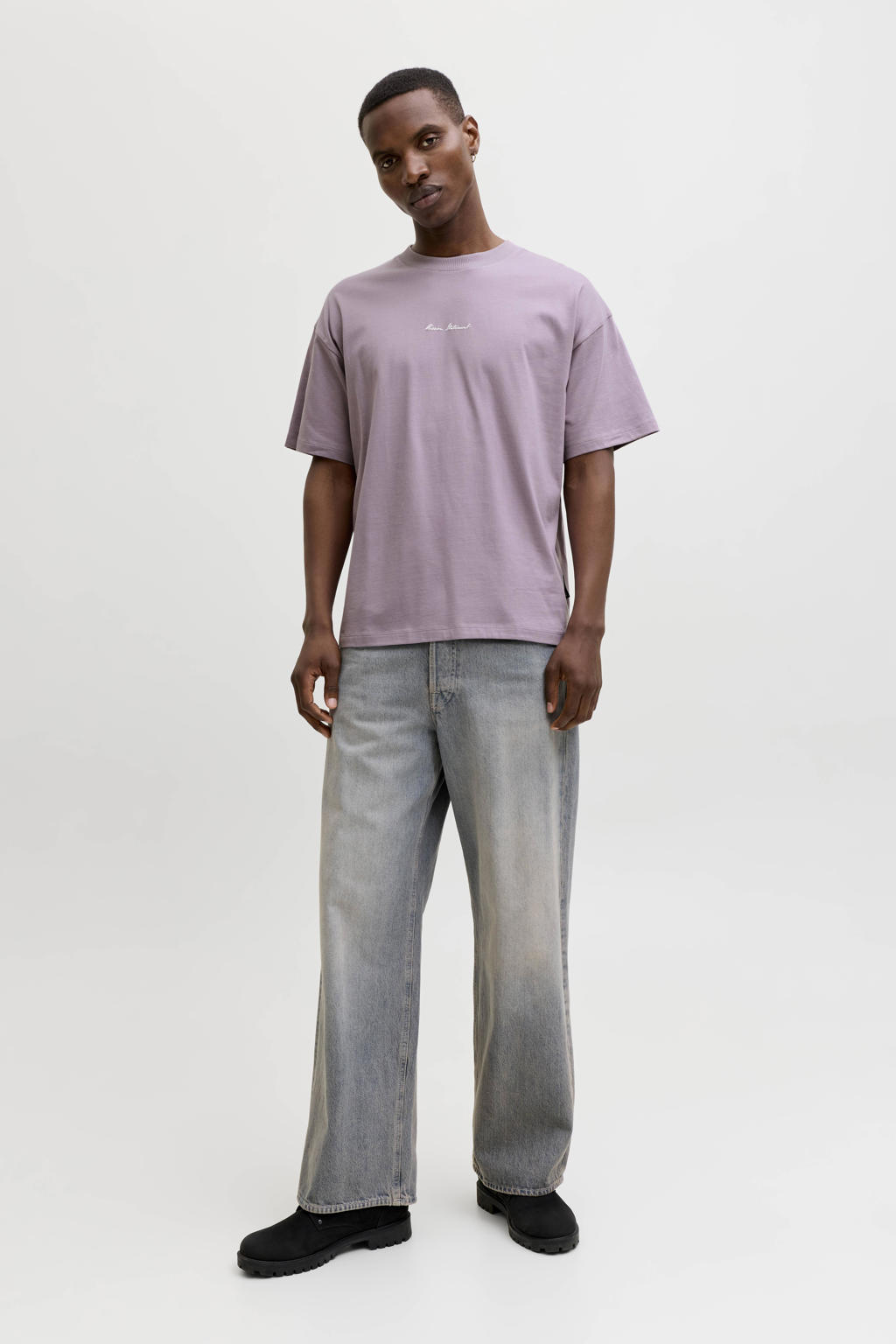 Paarse heren JACK & JONES CORE oversized T-shirt van katoen met backprint, korte mouwen en ronde hals