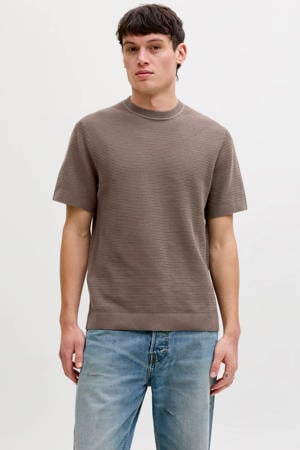 regular T-shirt taupe met ingebreid patroon