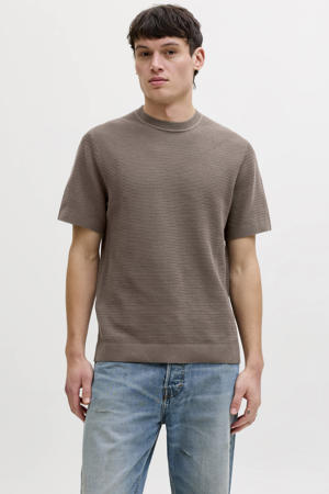 regular T-shirt taupe met ingebreid patroon