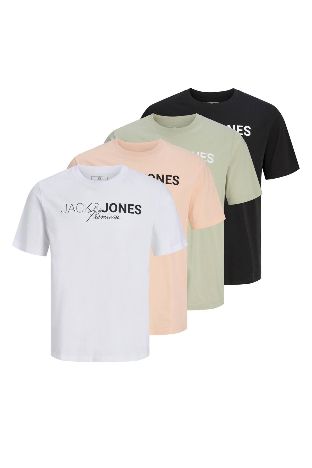 Multikleurige heren JACK & JONES PREMIUM regular T-shirt set van 4 van katoen met logo dessin, korte mouwen en ronde hals