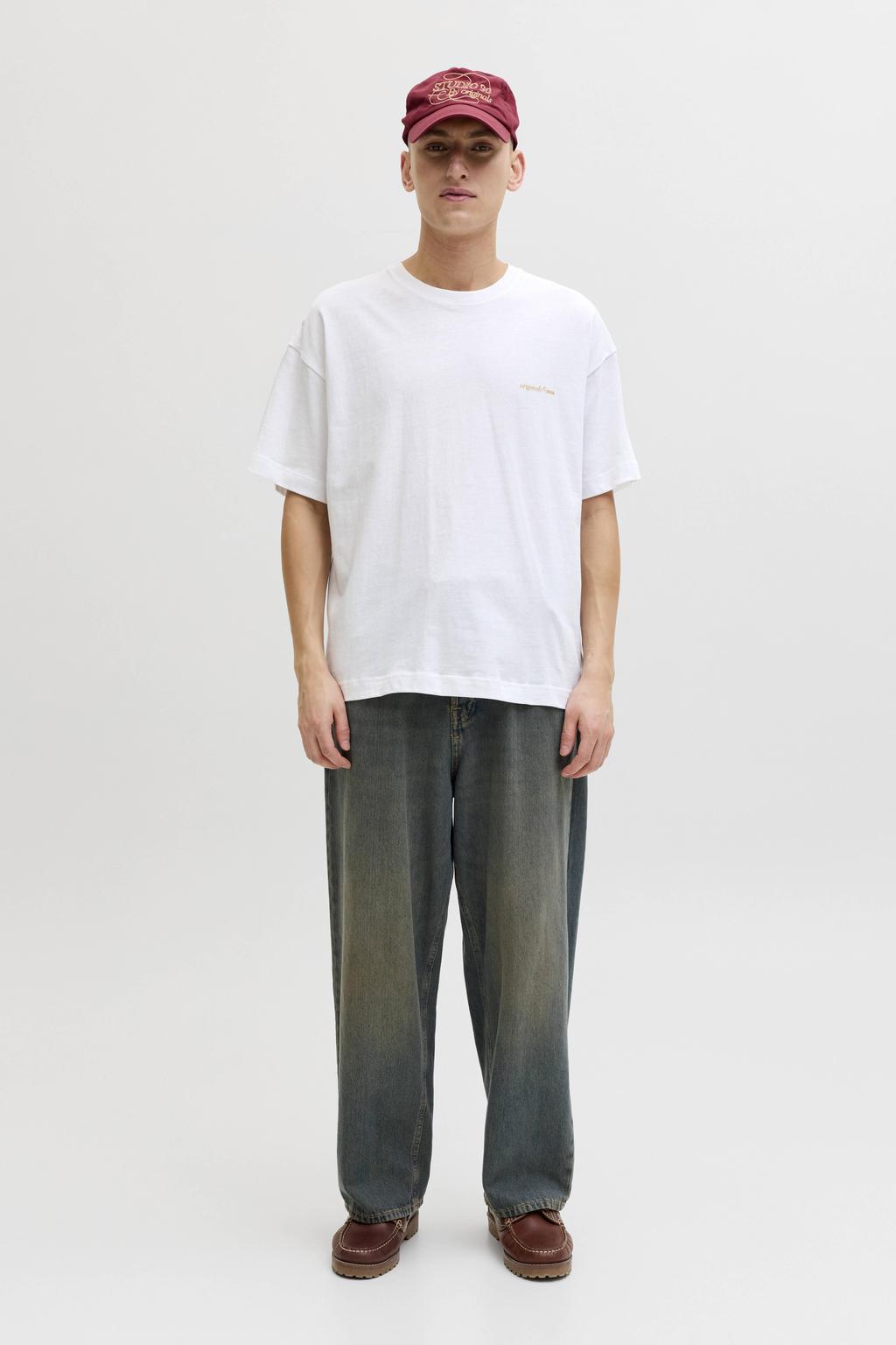 Witte heren JACK & JONES ORIGINALS relaxed T-shirt van katoen met backprint, korte mouwen en ronde hals
