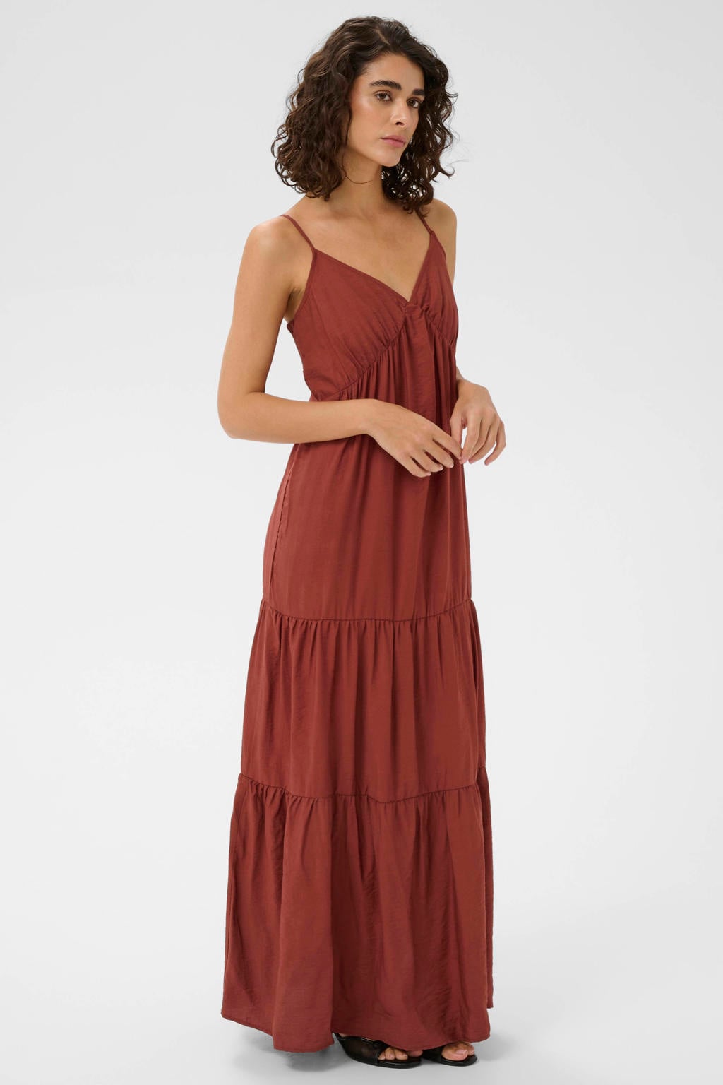 Rode dames Kaffe maxi jurk van viscose met effen en V-hals