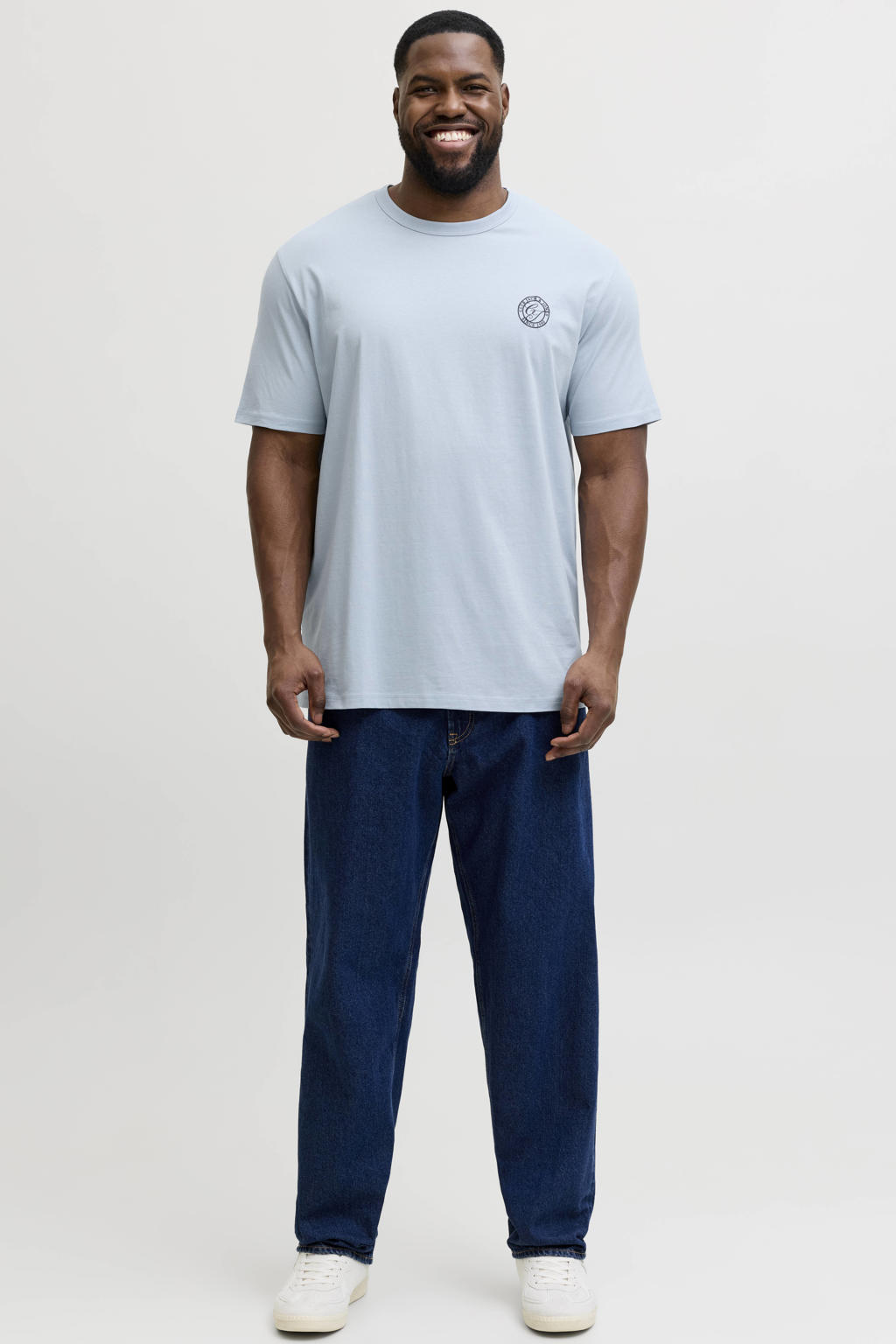 Lichtblauwe heren JACK & JONES PLUS SIZE regular T-shirt van katoen met effen, korte mouwen en ronde hals