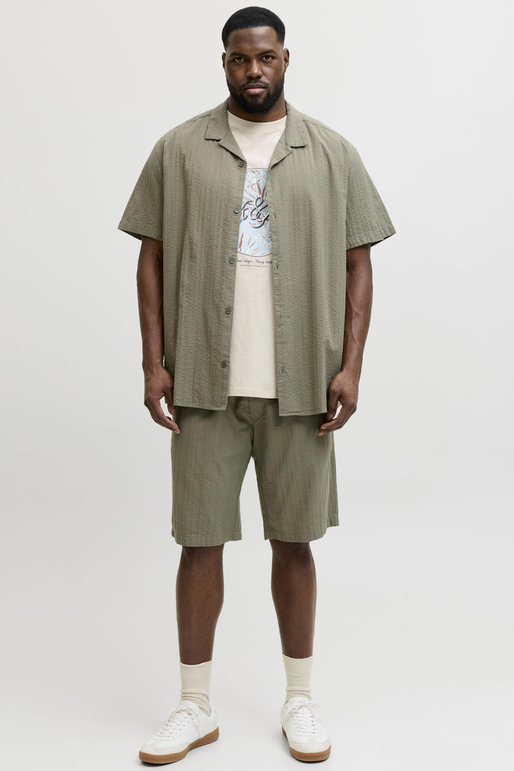 Beige heren JACK & JONES PLUS SIZE regular T-shirt van katoen met printopdruk, korte mouwen en ronde hals