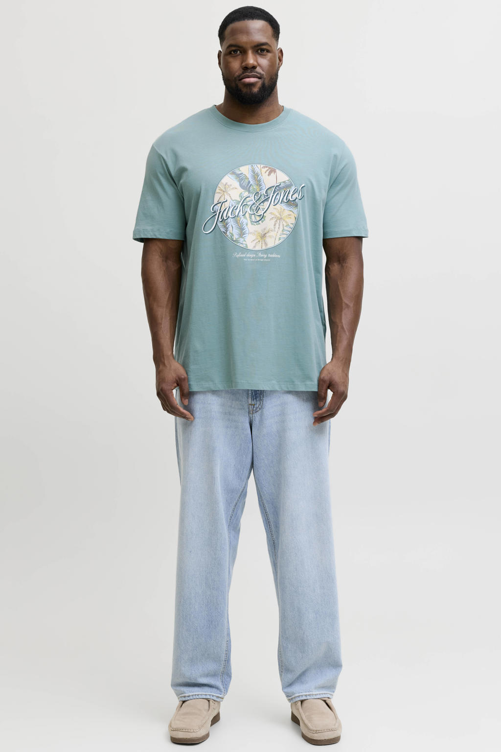 Blauwe heren JACK & JONES PLUS SIZE regular T-shirt van katoen met printopdruk, korte mouwen en ronde hals