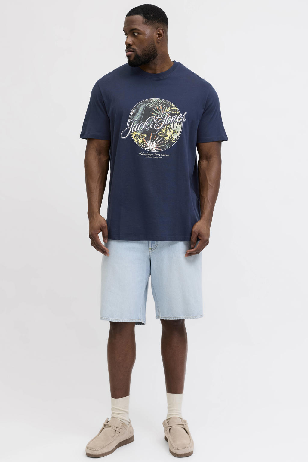 Donkerblauwe heren JACK & JONES PLUS SIZE regular T-shirt van katoen met printopdruk, korte mouwen en ronde hals