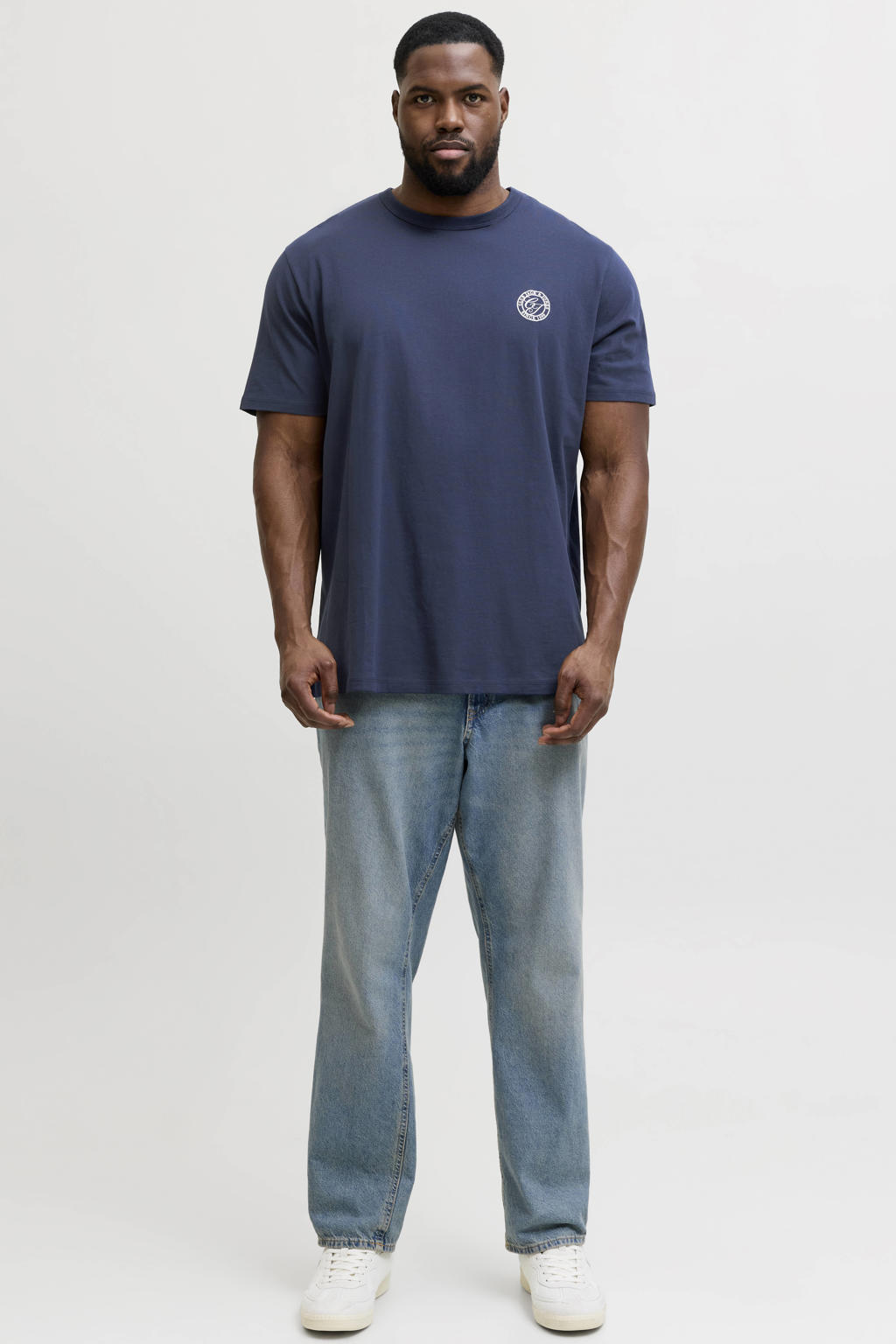 Donkerblauwe heren JACK & JONES PLUS SIZE regular T-shirt van katoen met effen, korte mouwen en ronde hals